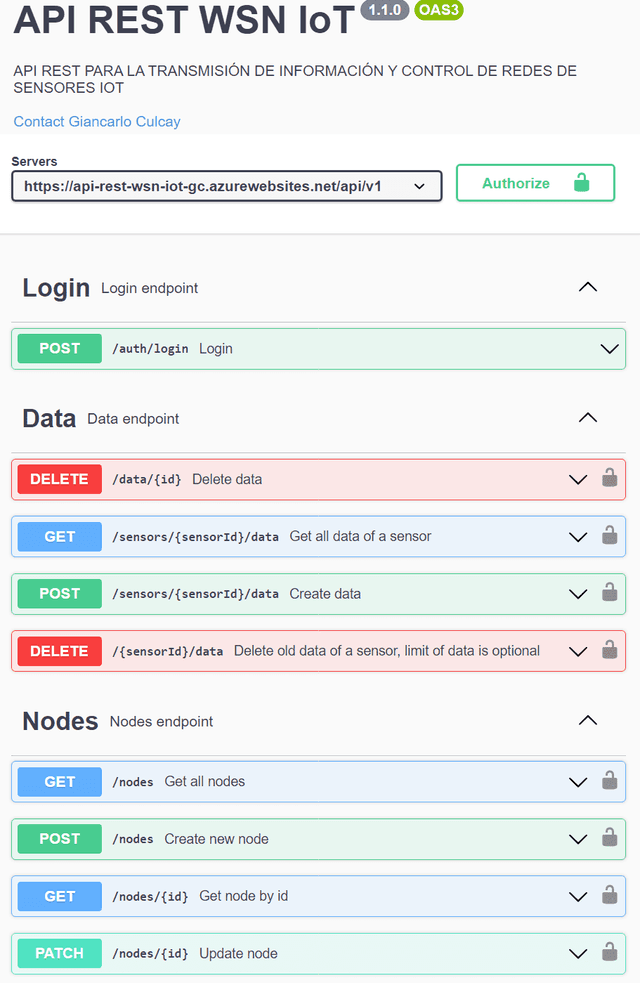 API REST para la transmisión de información y control de redes de sensores IoT